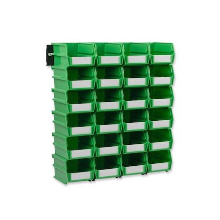 Triton Products Wall Storage Unit W/ (24) 5-3/8" L x 4-1/8" W x 3" H Green Poly Bins & Wall Mount Rails 3-210GRNWS